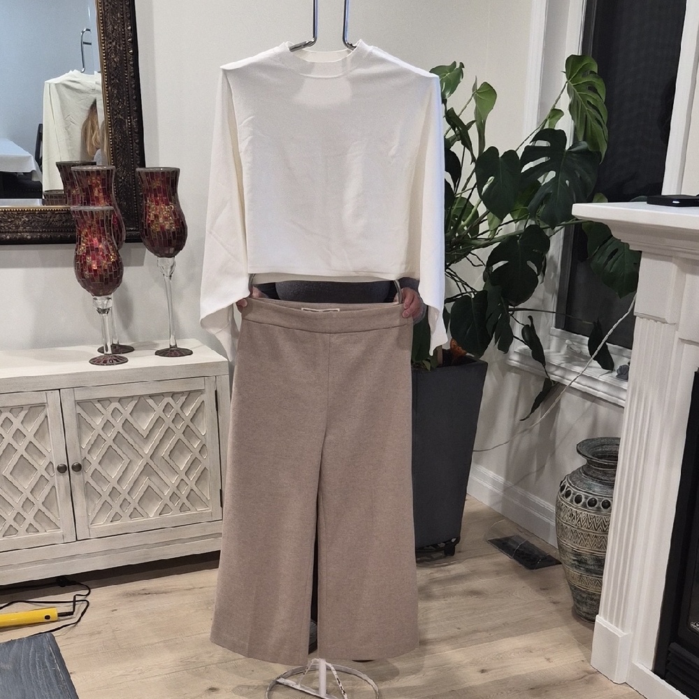 Pink Martini Cream Top and Tan Wide Leg Pants